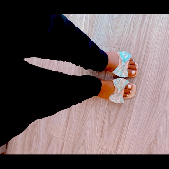 NWT Rhinestone Bow Band Slide Sandals - NUDE PATENT, Sz. 9 - Picture 6 of 7